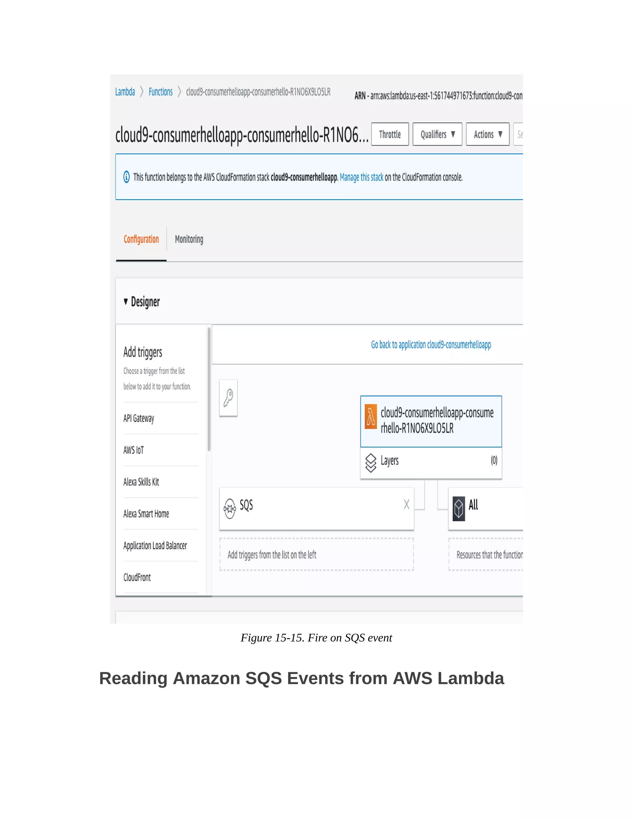 Figure 15-15. Fire on SQS event
Reading Amazon SQS Events from AWS Lambda
 