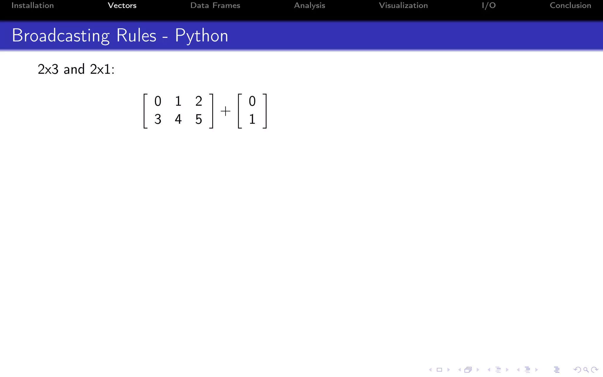 Installation Vectors Data Frames Analysis Visualization I/O Conclusion Broadcasting Rules - Python 2x3 and 2x1: 0 1 2 3 4 5 + 0 1 