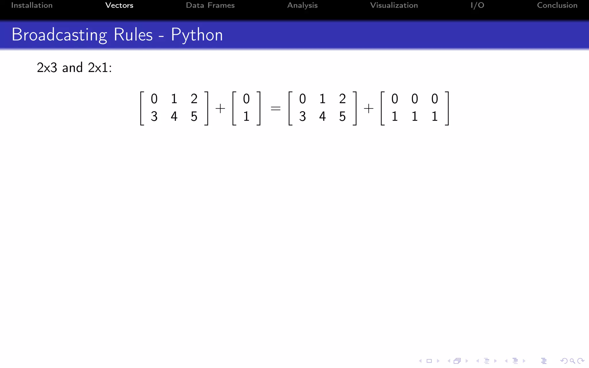 Installation Vectors Data Frames Analysis Visualization I/O Conclusion Broadcasting Rules - Python 2x3 and 2x1: 0 1 2 3 4 5 + 0 1 = 0 1 2 3 4 5 + 0 0 0 1 1 1 
