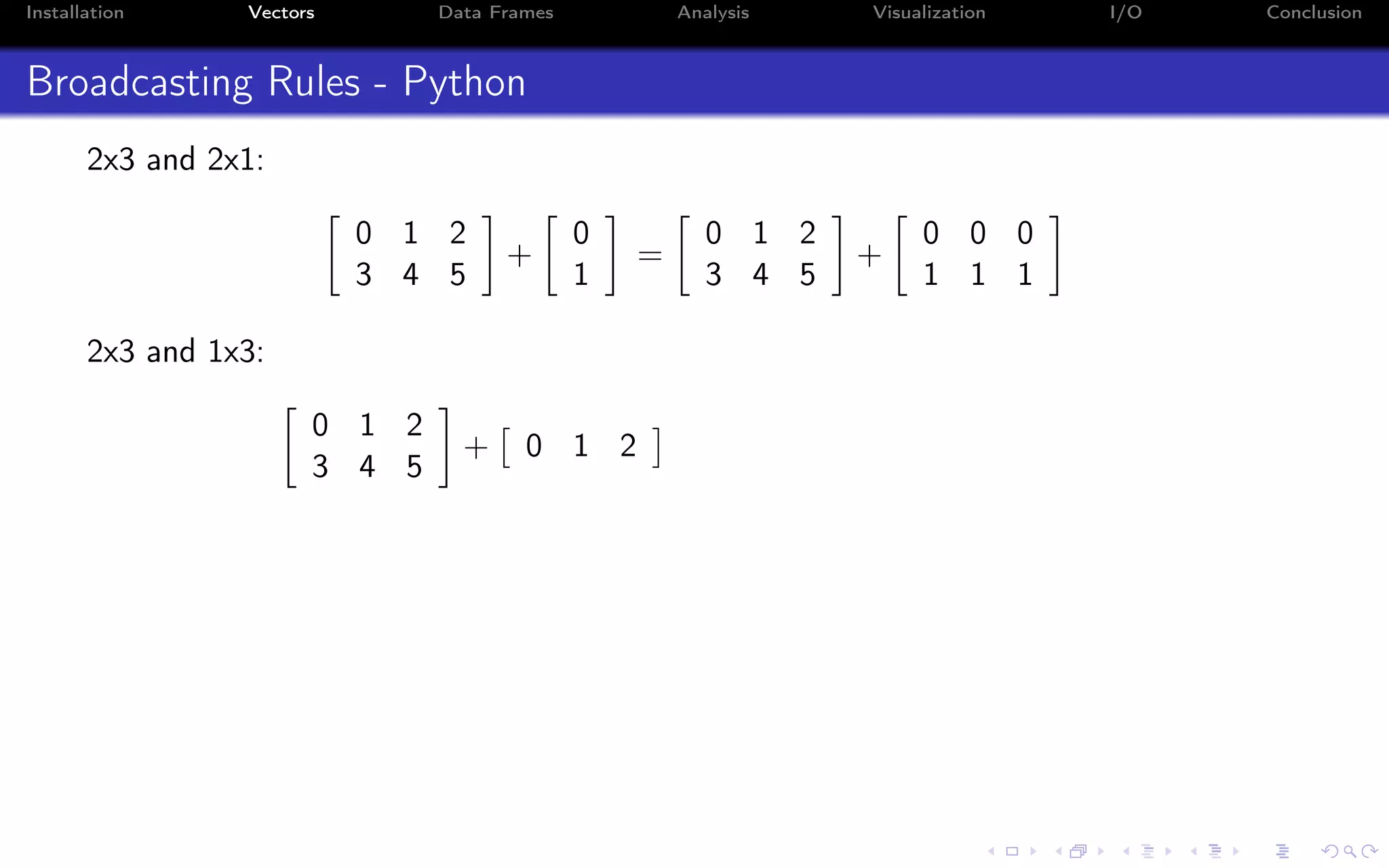 Installation Vectors Data Frames Analysis Visualization I/O Conclusion Broadcasting Rules - Python 2x3 and 2x1: 0 1 2 3 4 5 + 0 1 = 0 1 2 3 4 5 + 0 0 0 1 1 1 2x3 and 1x3: 0 1 2 3 4 5 + 0 1 2 