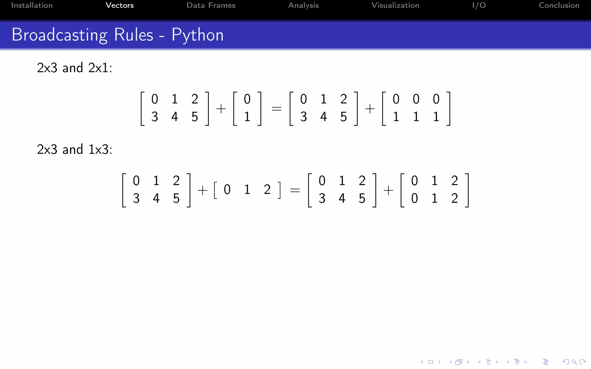 Installation Vectors Data Frames Analysis Visualization I/O Conclusion Broadcasting Rules - Python 2x3 and 2x1: 0 1 2 3 4 5 + 0 1 = 0 1 2 3 4 5 + 0 0 0 1 1 1 2x3 and 1x3: 0 1 2 3 4 5 + 0 1 2 = 0 1 2 3 4 5 + 0 1 2 0 1 2 