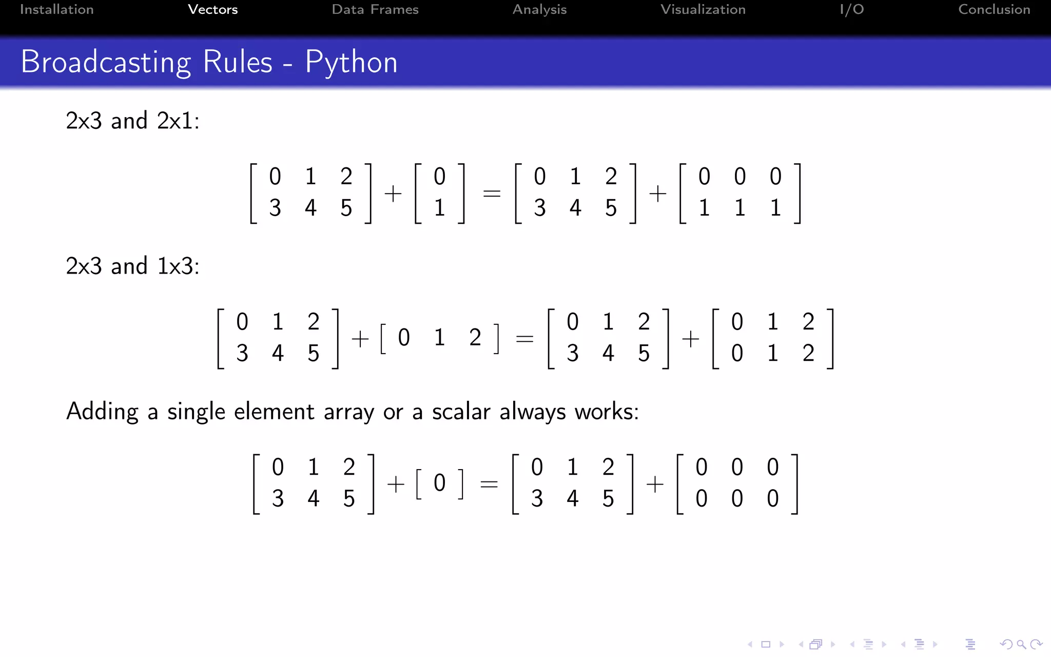Installation Vectors Data Frames Analysis Visualization I/O Conclusion Broadcasting Rules - Python 2x3 and 2x1: 0 1 2 3 4 5 + 0 1 = 0 1 2 3 4 5 + 0 0 0 1 1 1 2x3 and 1x3: 0 1 2 3 4 5 + 0 1 2 = 0 1 2 3 4 5 + 0 1 2 0 1 2 Adding a single element array or a scalar always works: 0 1 2 3 4 5 + 0 = 0 1 2 3 4 5 + 0 0 0 0 0 0 