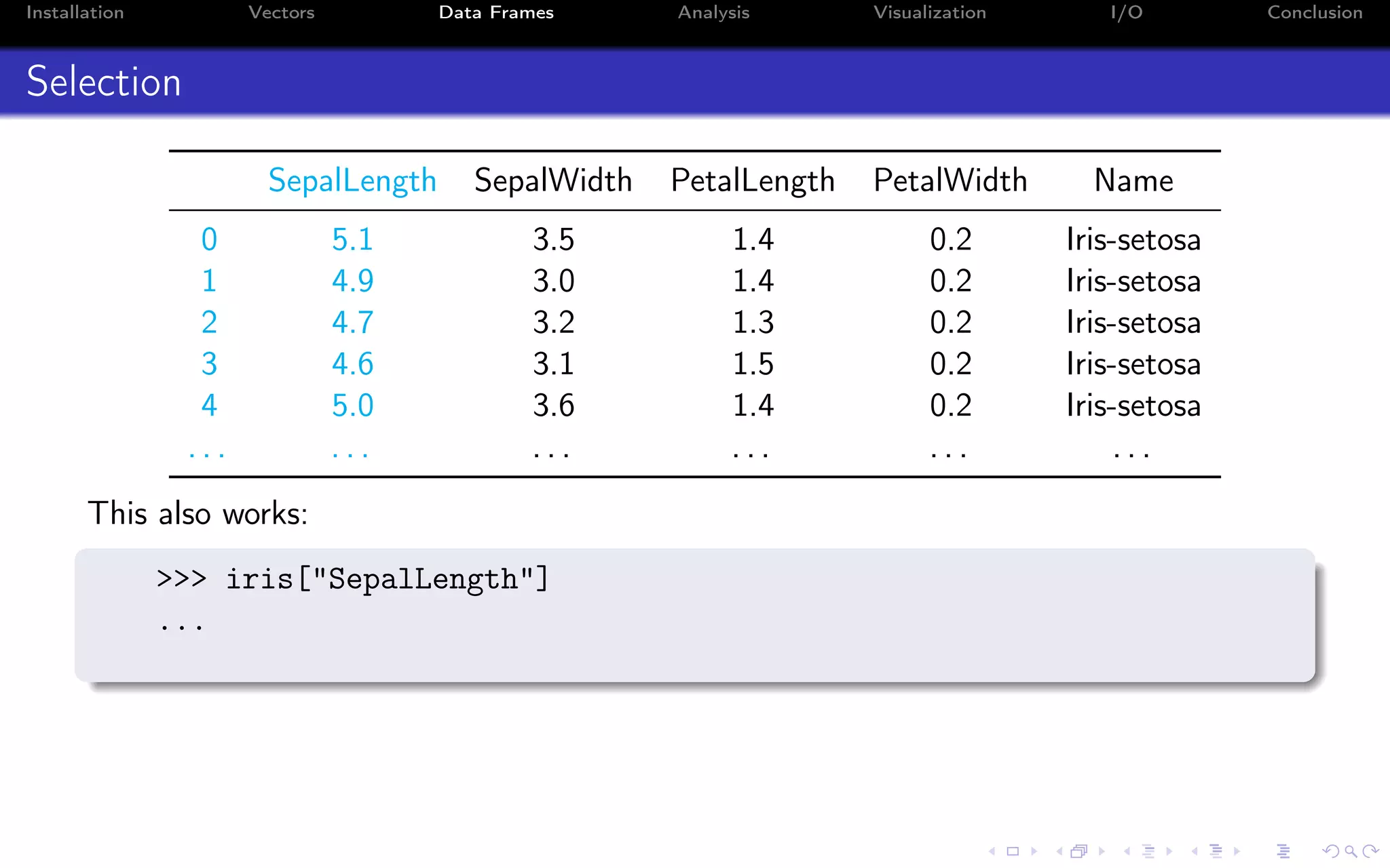 Installation Vectors Data Frames Analysis Visualization I/O Conclusion Selection SepalLength SepalWidth PetalLength PetalWidth Name 0 5.1 3.5 1.4 0.2 Iris-setosa 1 4.9 3.0 1.4 0.2 Iris-setosa 2 4.7 3.2 1.3 0.2 Iris-setosa 3 4.6 3.1 1.5 0.2 Iris-setosa 4 5.0 3.6 1.4 0.2 Iris-setosa . . . . . . . . . . . . . . . . . . This also works: >>> iris["SepalLength"] ... 