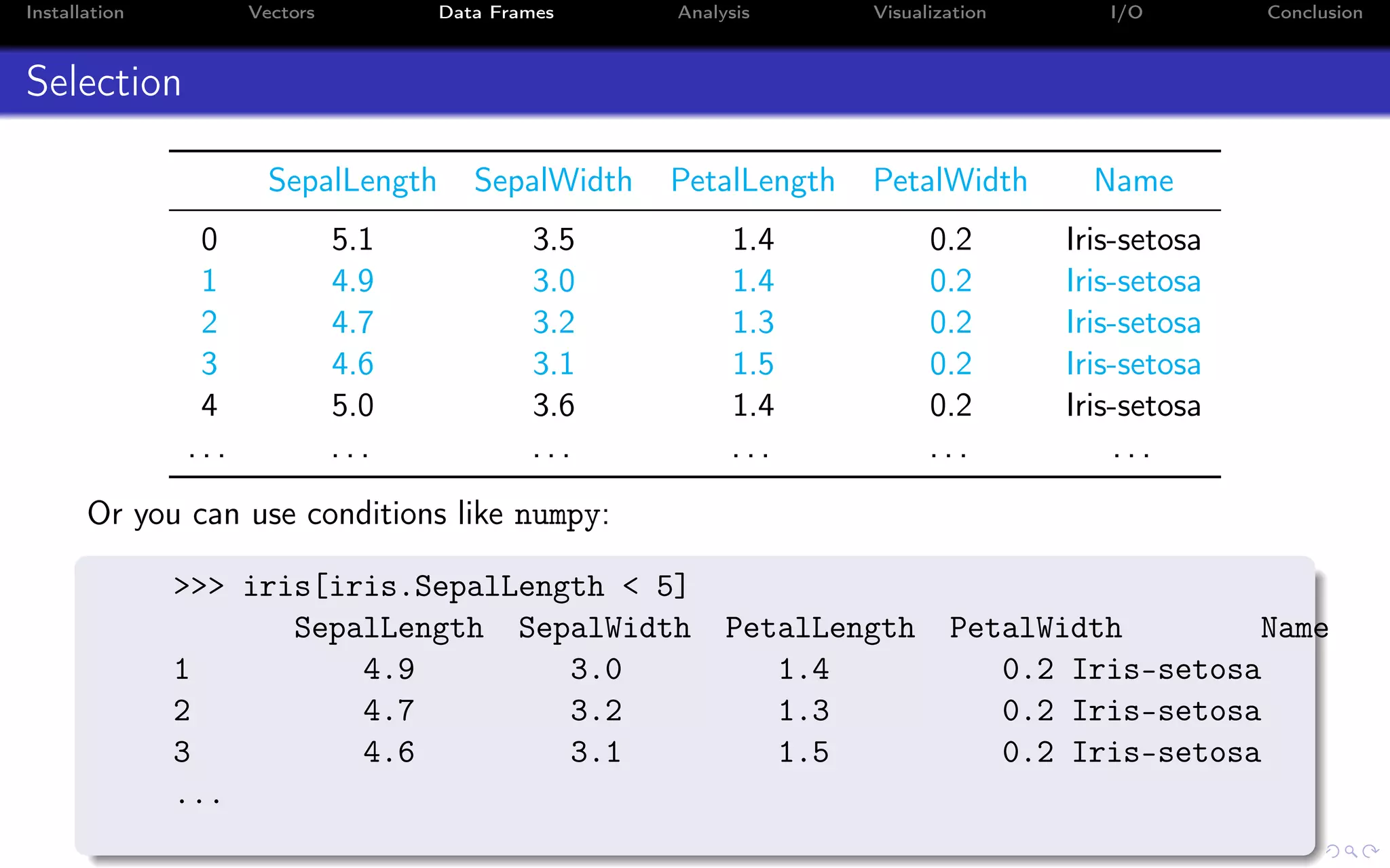 Installation Vectors Data Frames Analysis Visualization I/O Conclusion Selection SepalLength SepalWidth PetalLength PetalWidth Name 0 5.1 3.5 1.4 0.2 Iris-setosa 1 4.9 3.0 1.4 0.2 Iris-setosa 2 4.7 3.2 1.3 0.2 Iris-setosa 3 4.6 3.1 1.5 0.2 Iris-setosa 4 5.0 3.6 1.4 0.2 Iris-setosa . . . . . . . . . . . . . . . . . . Or you can use conditions like numpy: >>> iris[iris.SepalLength < 5] SepalLength SepalWidth PetalLength PetalWidth Name 1 4.9 3.0 1.4 0.2 Iris-setosa 2 4.7 3.2 1.3 0.2 Iris-setosa 3 4.6 3.1 1.5 0.2 Iris-setosa ... 