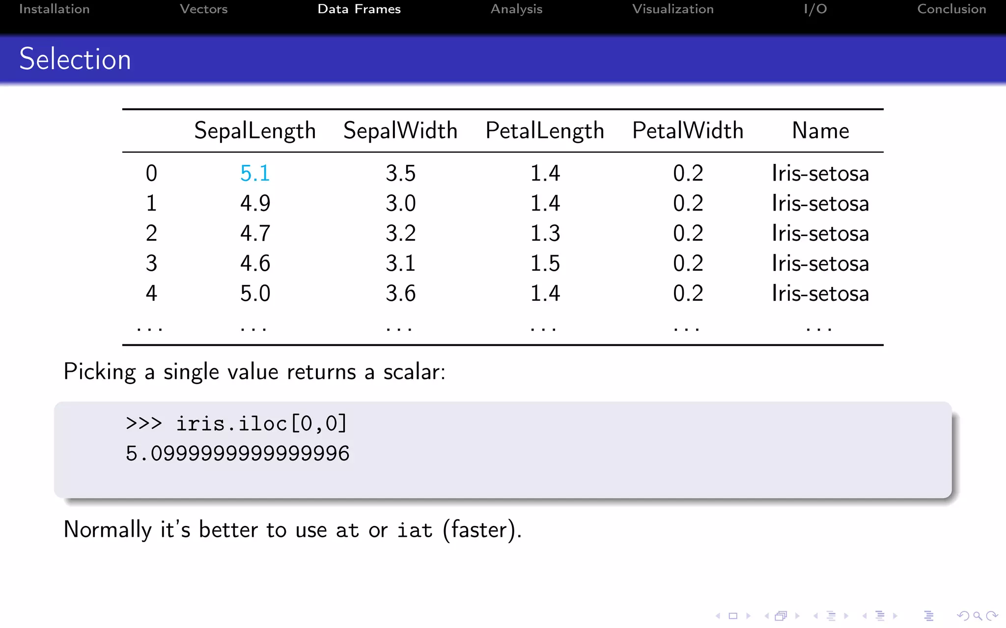 Installation Vectors Data Frames Analysis Visualization I/O Conclusion Selection SepalLength SepalWidth PetalLength PetalWidth Name 0 5.1 3.5 1.4 0.2 Iris-setosa 1 4.9 3.0 1.4 0.2 Iris-setosa 2 4.7 3.2 1.3 0.2 Iris-setosa 3 4.6 3.1 1.5 0.2 Iris-setosa 4 5.0 3.6 1.4 0.2 Iris-setosa . . . . . . . . . . . . . . . . . . Picking a single value returns a scalar: >>> iris.iloc[0,0] 5.0999999999999996 Normally it’s better to use at or iat (faster). 