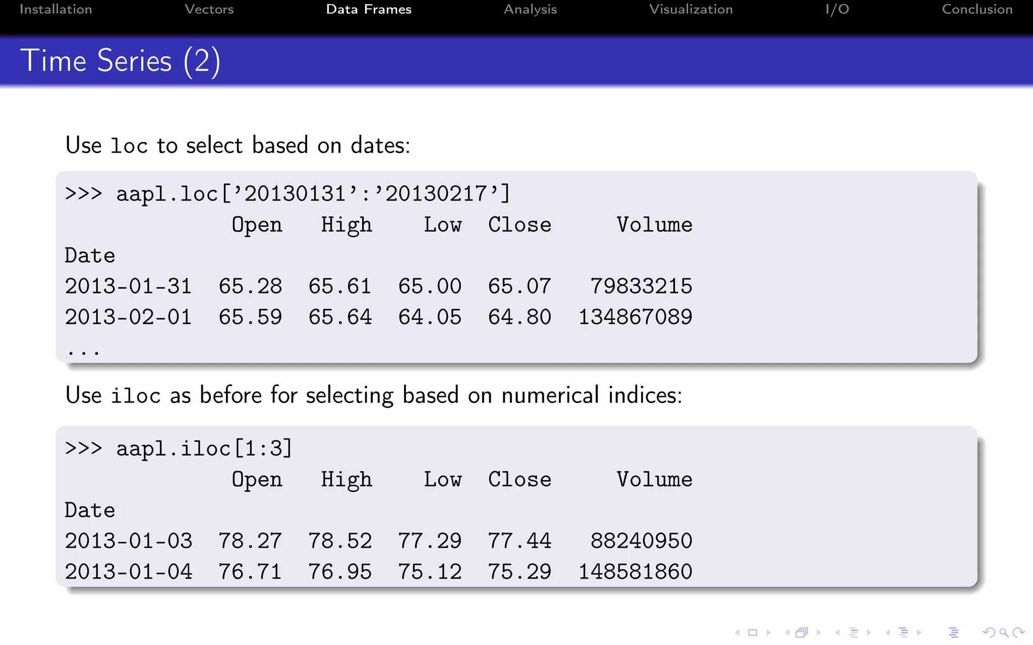 Installation Vectors Data Frames Analysis Visualization I/O Conclusion Time Series (2) Use loc to select based on dates: >>> aapl.loc[’20130131’:’20130217’] Open High Low Close Volume Date 2013-01-31 65.28 65.61 65.00 65.07 79833215 2013-02-01 65.59 65.64 64.05 64.80 134867089 ... Use iloc as before for selecting based on numerical indices: >>> aapl.iloc[1:3] Open High Low Close Volume Date 2013-01-03 78.27 78.52 77.29 77.44 88240950 2013-01-04 76.71 76.95 75.12 75.29 148581860 