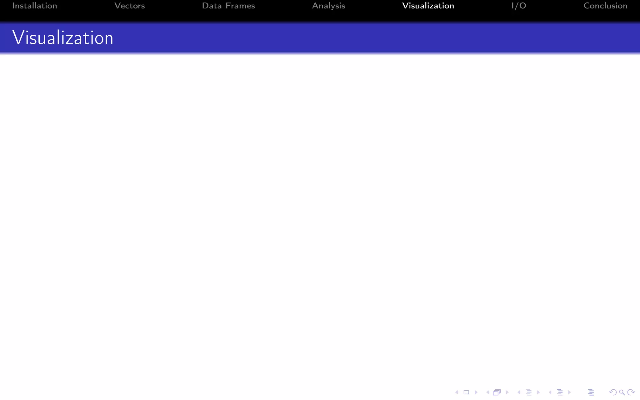 Installation Vectors Data Frames Analysis Visualization I/O Conclusion Visualization 