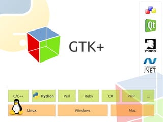 GTK+


C/C++           Python   Perl       Ruby   C#   PHP   ...


        Linux                   Windows         Mac
 