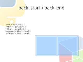 pack_start / pack_end


hbox = gtk.HBox()
vbox1 = gtk.VBox()
vbox2 = gtk.VBox()
hbox.pack_start(vbox1)
hbox.pack_start(vbox2)
 