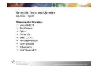 Scientific Tools and Libraries
Special Topics

Wrapping other languages
! "weave (C/C++)
! "f2py (Fortran)
!  Cython
!  Ct...