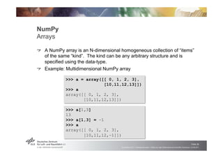 NumPy
Arrays

!   "A NumPy array is an N-dimensional homogeneous collection of “items”
     of the same “kind”. The kind c...