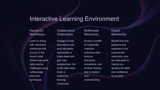 Interactive Learning Environment
Hands-On
Workshops
Learn by doing
with interactive
workshops that
put you in the
driver's seat.
Tackle real-world
data science
challenges using
cutting-edge
tools and
techniques.
Collaborative
Classrooms
Engage in lively
discussions and
work alongside
classmates to
share ideas and
gain new
perspectives. Our
small class sizes
foster a
supportive
learning
community.
Multimedia
Resources
Access a wealth
of multimedia
materials,
including video
lectures,
interactive
simulations, and
curated reading
lists to deepen
your
understanding.
Expert
Mentorship
Benefit from the
guidance and
expertise of our
experienced
instructors, who
are dedicated to
helping you
develop the skills
and confidence
to succeed.
 