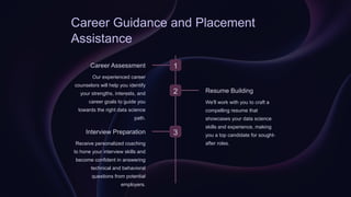 Career Guidance and Placement
Assistance
1
Career Assessment
Our experienced career
counselors will help you identify
your strengths, interests, and
career goals to guide you
towards the right data science
path.
2 Resume Building
We'll work with you to craft a
compelling resume that
showcases your data science
skills and experience, making
you a top candidate for sought-
after roles.
3
Interview Preparation
Receive personalized coaching
to hone your interview skills and
become confident in answering
technical and behavioral
questions from potential
employers.
 