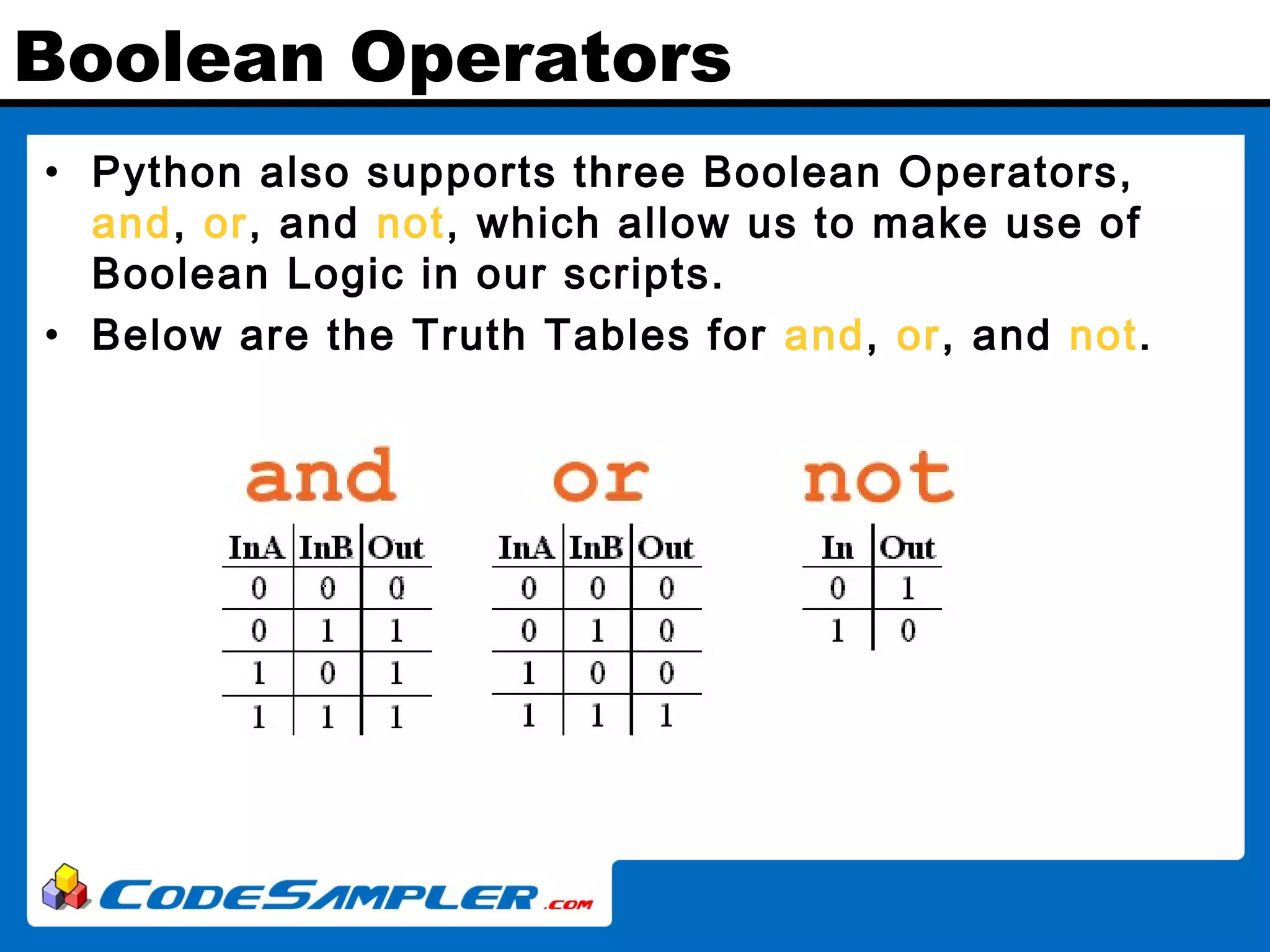 Boolean Operators • Python also supports three Boolean Operators, and, or, and not, which allow us to make use of Boolean Logic in our scripts. • Below are the Truth Tables for and, or, and not. 