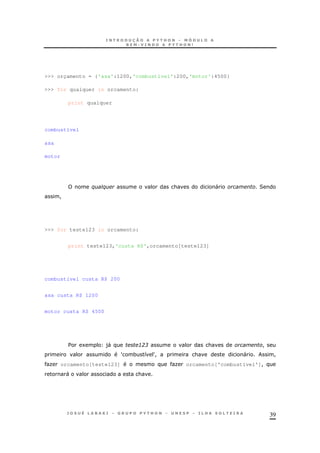 39
>>> orçamento = {'asa':1200,'combustível':200,'motor':4500}
>>> for qualquer in orcamento:
print qualquer
combustível
asa
motor
% % & " 2
!
>>> for teste123 in orcamento:
print teste123,'custa R$',orcamento[teste123]
combustível custa R$ 200
asa custa R$ 1200
motor custa R$ 4500
$ 1 )" :03 & !
c * 8 c! & " !
O orcamento[teste123] O orcamento['combustível']!
" &
 