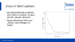 Einen K Wert wählen
K Means Clustering
• Die Elbow-Methode empfiehlt
den K-Wert zu wählen, an dem
die SSE „abrupt“ abnimmt
• Dieses Abnehmen führt zum
„Elbow“, dem Ellbogen im
Graph
 