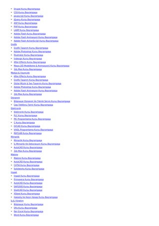 • Drupal Kursu Bayrampaşa
• CSS Kursu Bayrampaşa
• Javascript Kursu Bayrampaşa
• JQuery Kursu Bayrampaşa
• ASP Kursu Bayrampaşa
• PHP Kursu Bayrampaşa
• LAMP Kursu Bayrampaşa
• Adobe Flash Kursu Bayrampaşa
• Adobe Flash Animasyon Kursu Bayrampaşa
• Adobe Flash ActionScript Kursu Bayrampaşa
Grafik
• Grafik Tasarım Kursu Bayrampaşa
• Adobe Photoshop Kursu Bayrampaşa
• İllustrator Kursu Bayrampaşa
• İndesign Kursu Bayrampaşa
• After Effects Kursu Bayrampaşa
• Maya (3D Modelleme & Animasyon) Kursu Bayrampaşa
• 3ds Max Kursu Bayrampaşa
Medya & Yayıncılık
• After Effects Kursu Bayrampaşa
• Grafik Tasarım Kursu Bayrampaşa
• Dijital Müzik & Ses Tasarımı Kursu Bayrampaşa
• Adobe Photoshop Kursu Bayrampaşa
• Adobe Flash Animasyon Kursu Bayrampaşa
• 3ds Max Kursu Bayrampaşa
Donanım
• Bilgisayar Donanım Ve Teknik Servis Kursu Bayrampaşa
• Cep Telefonu Tamir Kursu Bayrampaşa
Elektronik
• Elektronik Kursu Bayrampaşa
• PLC Kursu Bayrampaşa
• PIC Programlama Kursu Bayrampaşa
• C Kursu Bayrampaşa
• OrCAD Kursu Bayrampaşa
• VHDL Programlama Kursu Bayrampaşa
• MATLAB Kursu Bayrampaşa
Mimarlık
• Mimarlık Kursu Bayrampaşa
• İç Mimarlık Ve Dekorasyon Kursu Bayrampaşa
• AutoCAD Kursu Bayrampaşa
• 3ds Max Kursu Bayrampaşa
Makine
• Makine Kursu Bayrampaşa
• AutoCAD Kursu Bayrampaşa
• CATIA Kursu Bayrampaşa
• Solidworks Kursu Bayrampaşa
İnşaat
• İnşaat Kursu Bayrampaşa
• Primavera Kursu Bayrampaşa
• AutoCAD Kursu Bayrampaşa
• SAP2000 Kursu Bayrampaşa
• Sta4CAD Kursu Bayrampaşa
• XSteel Kursu Bayrampaşa
• Hakediş Ve Kesin Hesap Kursu Bayrampaşa
İş & Yönetim
• Bilgisayar Kursu Bayrampaşa
• Ofis Kursu Bayrampaşa
• İleri Excel Kursu Bayrampaşa
• Word Kursu Bayrampaşa
 