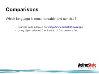 Comparisons
Which language is most readable and concise?

     – Example code adapted from http://www.dmh2000.com/cjpr/
     – Using object oriented C++ instead of C to be more fair
 