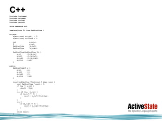 C++
#include   <iostream>
#include   <sstream>
#include   <string>
#include   <vector>

using namespace std;

template<class T> class RedBlackTree {

private:
    static const int red   = 0;
    static const int black = 1;

     int                   m_color;
     T                     m_val;
     RedBlackTree          *m_left;
     RedBlackTree          *m_right;

     RedBlackTree(RedBlackTree *b) {
         m_val      = b->m_val;
         m_left     = b->m_left;
         m_right    = b->m_right;
         m_color    = red;
     }

public:
    RedBlackTree(T      x) {
        m_val           = x;
        m_left          = 0;
        m_right         = 0;
        m_color         = red;
    }

     const RedBlackTree *find(const T &key) const {
         const RedBlackTree *result = 0;
         if (key == m_val) {
             result = this;
         }
         else if (key < m_val) {
             if (m_left != 0) {
                 result = m_left->find(key);
             }
         }
         else {
             if (m_right != 0) {
                 result = m_right->find(key);
             }
         }
         return result;
     }
};
 