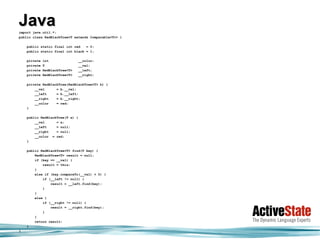 Java
import java.util.*;
public class RedBlackTree<T extends Comparable<T>> {

    public static final int red   = 0;
    public static final int black = 1;

    private   int               __color;
    private   T                 __val;
    private   RedBlackTree<T>   __left;
    private   RedBlackTree<T>   __right;

    private RedBlackTree(RedBlackTree<T> b) {
        __val      = b.__val;
        __left     = b.__left;
        __right    = b.__right;
        __color    = red;
    }

    public RedBlackTree(T x) {
        __val      = x;
        __left     = null;
        __right    = null;
        __color = red;
    }

    public RedBlackTree<T> find(T key) {
        RedBlackTree<T> result = null;
        if (key == __val) {
            result = this;
        }
        else if (key.compareTo(__val) < 0) {
            if (__left != null) {
                result = __left.find(key);
            }
        }
        else {
            if (__right != null) {
                result = __right.find(key);
            }
        }
        return result;
    }
}
 