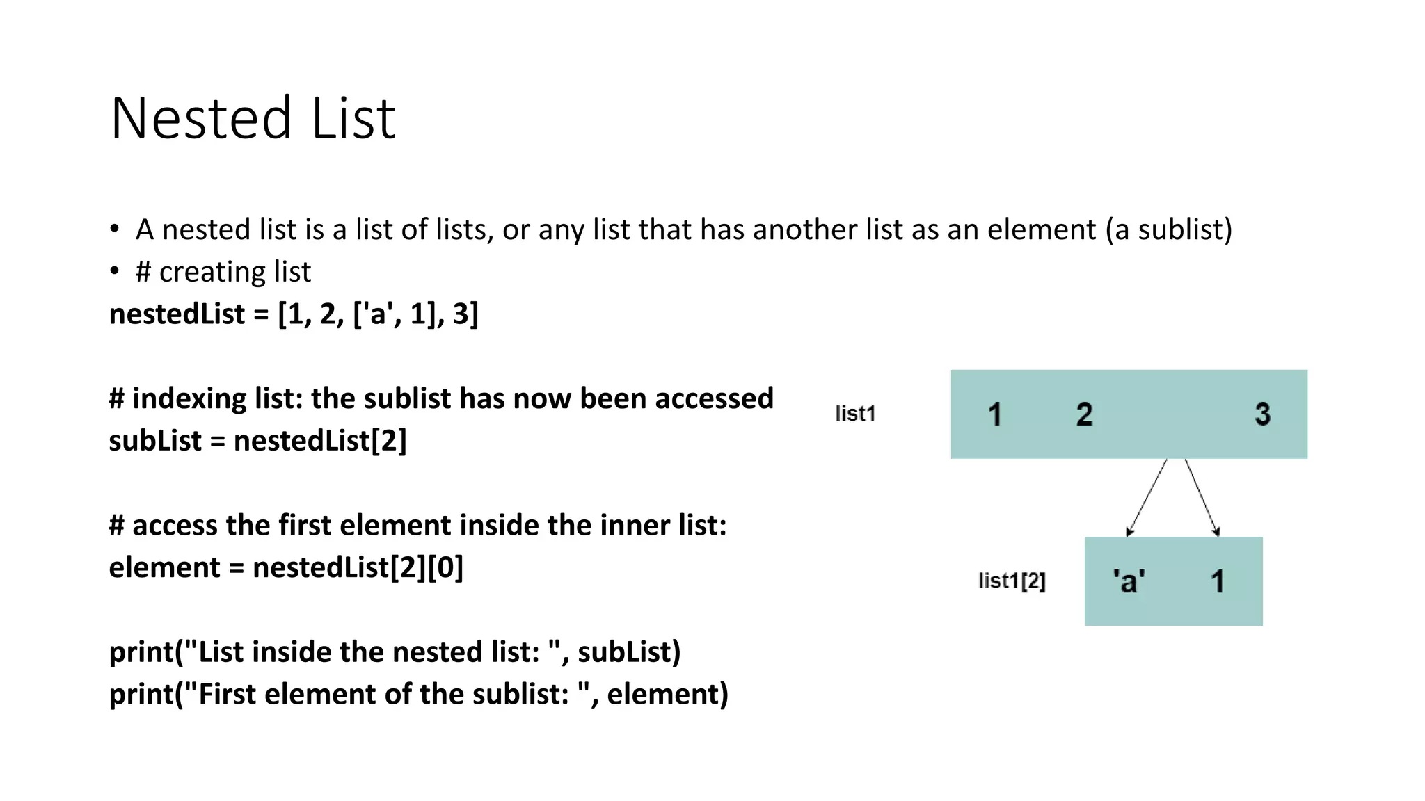 Nested List
• A nested list is a list of lists, or any list that has another list as an element (a sublist)
• # creating list
nestedList = [1, 2, ['a', 1], 3]
# indexing list: the sublist has now been accessed
subList = nestedList[2]
# access the first element inside the inner list:
element = nestedList[2][0]
print("List inside the nested list: ", subList)
print("First element of the sublist: ", element)
 