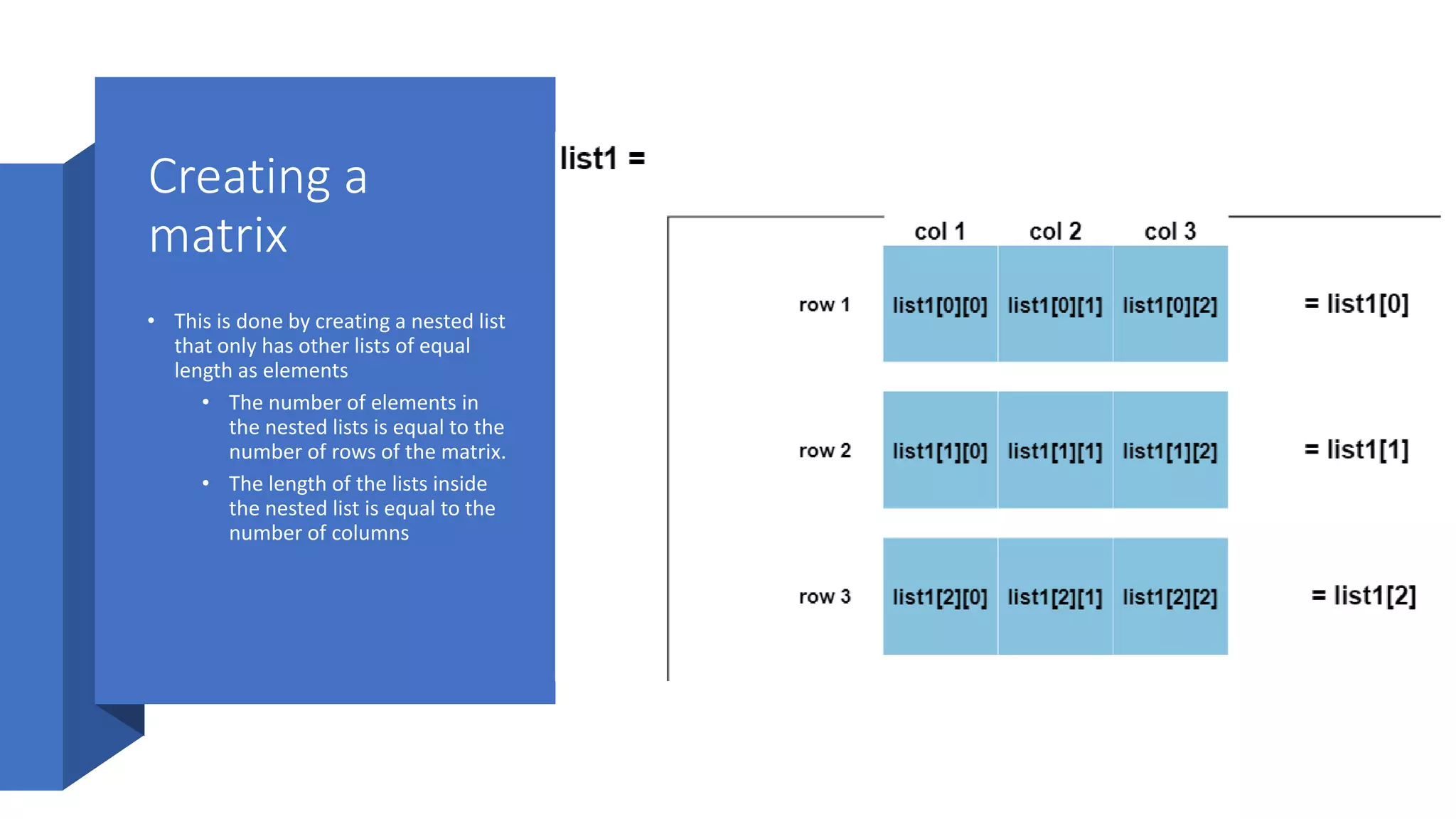 Creating a
matrix
• This is done by creating a nested list
that only has other lists of equal
length as elements
• The number of elements in
the nested lists is equal to the
number of rows of the matrix.
• The length of the lists inside
the nested list is equal to the
number of columns
 