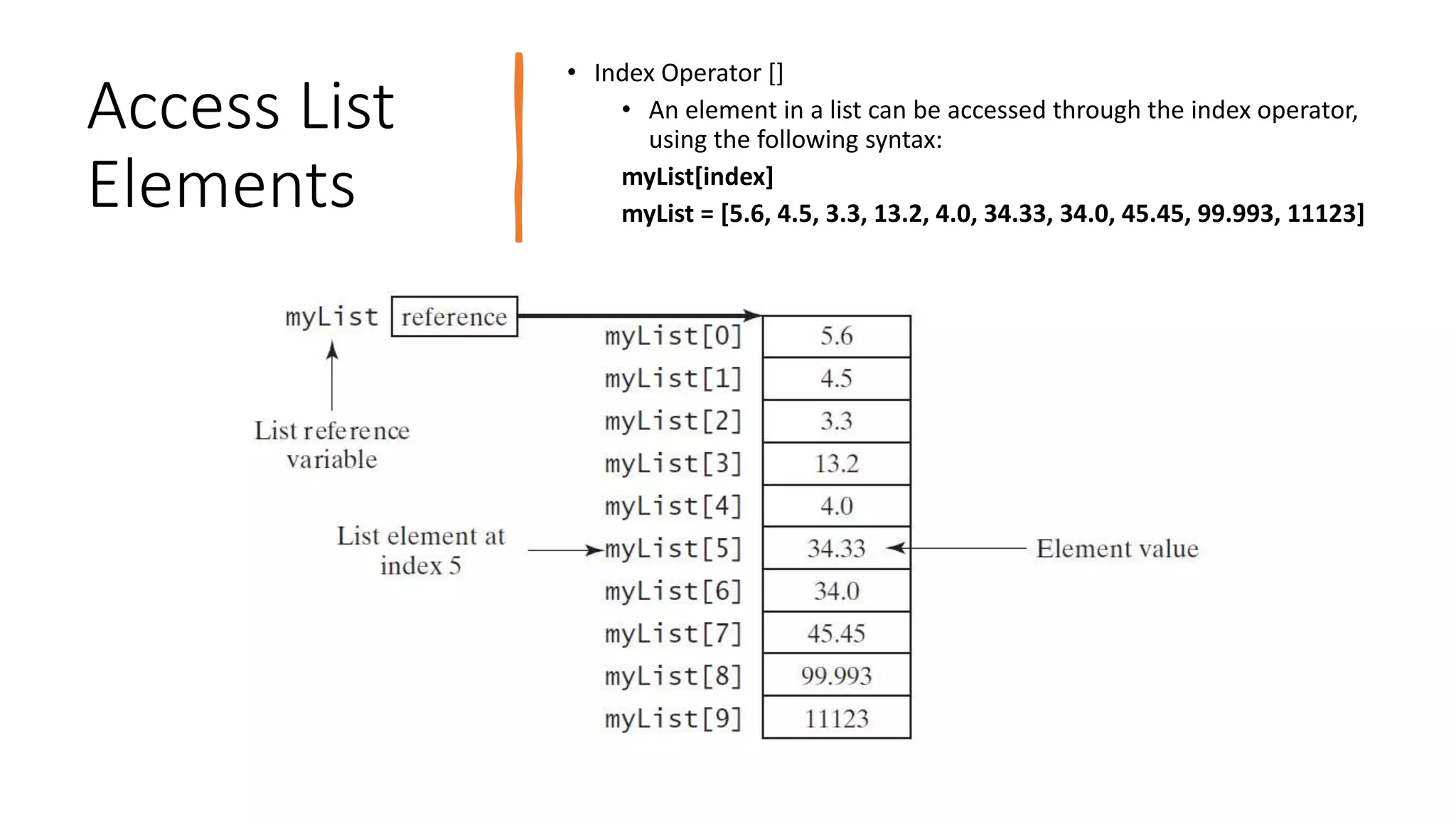 Access List
Elements
• Index Operator []
• An element in a list can be accessed through the index operator,
using the following syntax:
myList[index]
myList = [5.6, 4.5, 3.3, 13.2, 4.0, 34.33, 34.0, 45.45, 99.993, 11123]
 