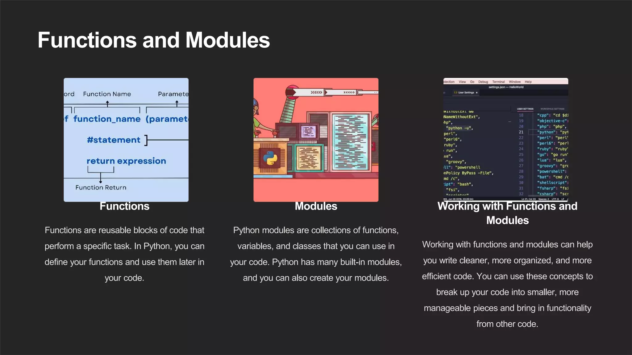 Functions and Modules
Functions
Functions are reusable blocks of code that
perform a specific task. In Python, you can
define your functions and use them later in
your code.
Modules
Python modules are collections of functions,
variables, and classes that you can use in
your code. Python has many built-in modules,
and you can also create your modules.
Working with Functions and
Modules
Working with functions and modules can help
you write cleaner, more organized, and more
efficient code. You can use these concepts to
break up your code into smaller, more
manageable pieces and bring in functionality
from other code.
 
