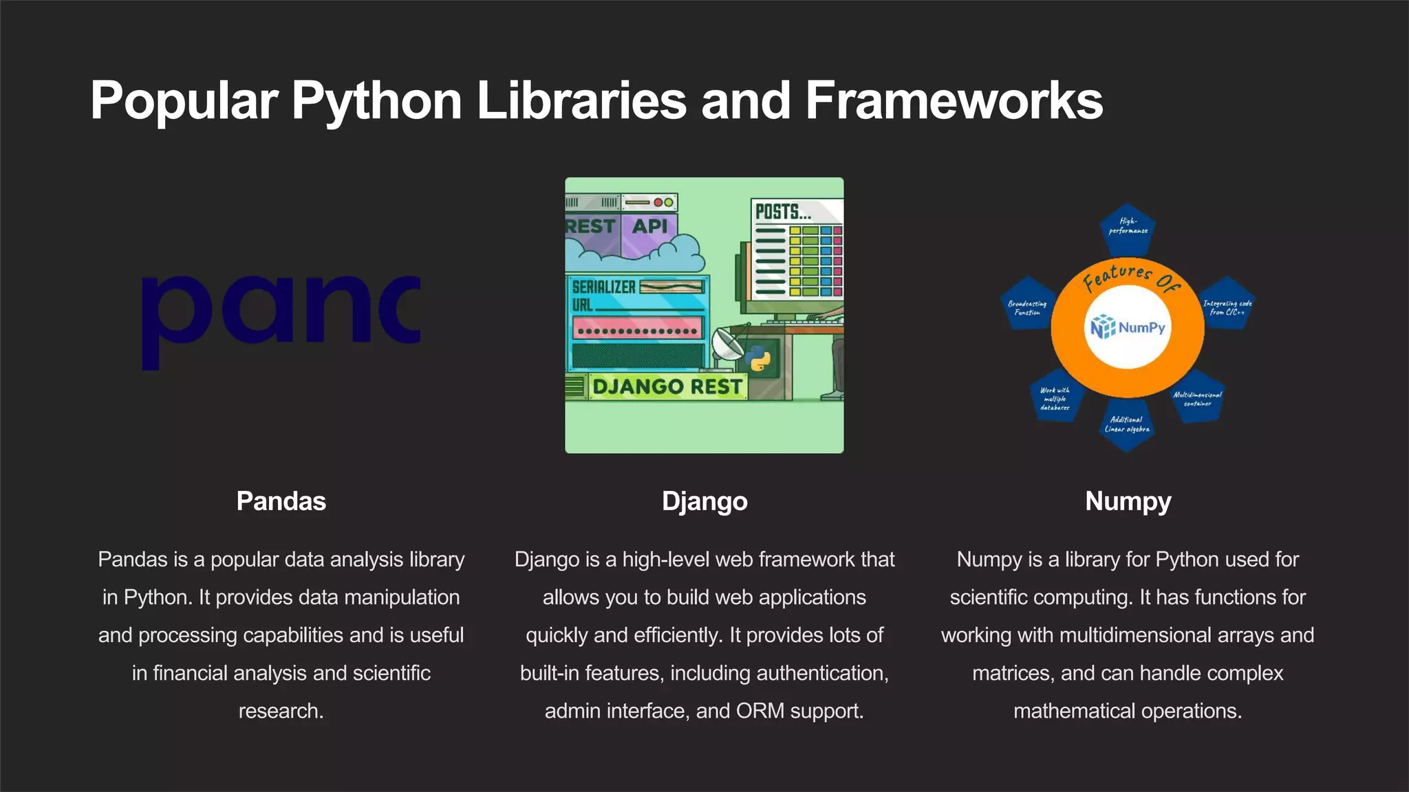 Popular Python Libraries and Frameworks
Pandas
Pandas is a popular data analysis library
in Python. It provides data manipulation
and processing capabilities and is useful
in financial analysis and scientific
research.
Django
Django is a high-level web framework that
allows you to build web applications
quickly and efficiently. It provides lots of
built-in features, including authentication,
admin interface, and ORM support.
Numpy
Numpy is a library for Python used for
scientific computing. It has functions for
working with multidimensional arrays and
matrices, and can handle complex
mathematical operations.
 