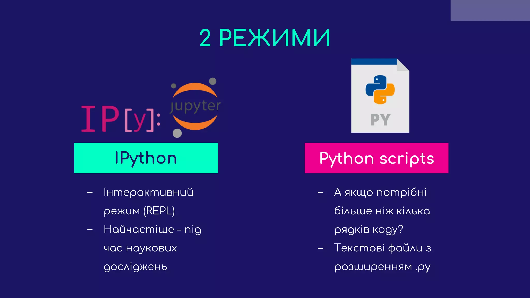 2 РЕЖИМИ
‒ Інтерактивний
режим (REPL)
‒ Найчастіше – під
час наукових
досліджень
IPython
‒ А якщо потрібні
більше ніж кілька
рядків коду?
‒ Текстові файли з
розширенням .py
Python scripts
 