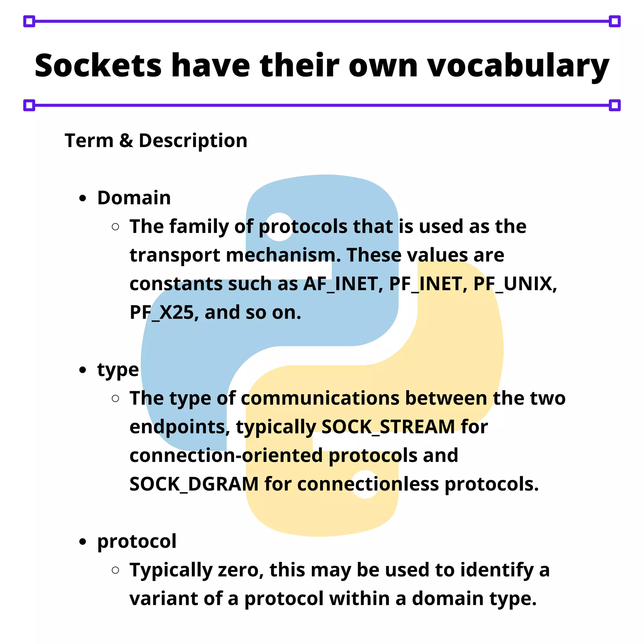 Sockets have their own vocabulary Domain The family of protocols that is used as the transport mechanism. These values are constants such as AF_INET, PF_INET, PF_UNIX, PF_X25, and so on. type The type of communications between the two endpoints, typically SOCK_STREAM for connection-oriented protocols and SOCK_DGRAM for connectionless protocols. protocol Typically zero, this may be used to identify a variant of a protocol within a domain type. Term & Description 