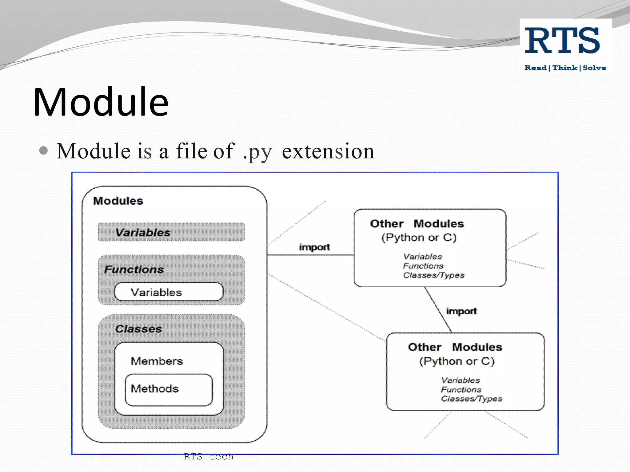 Module
 Module is a file of .py extension
RTS tech
 