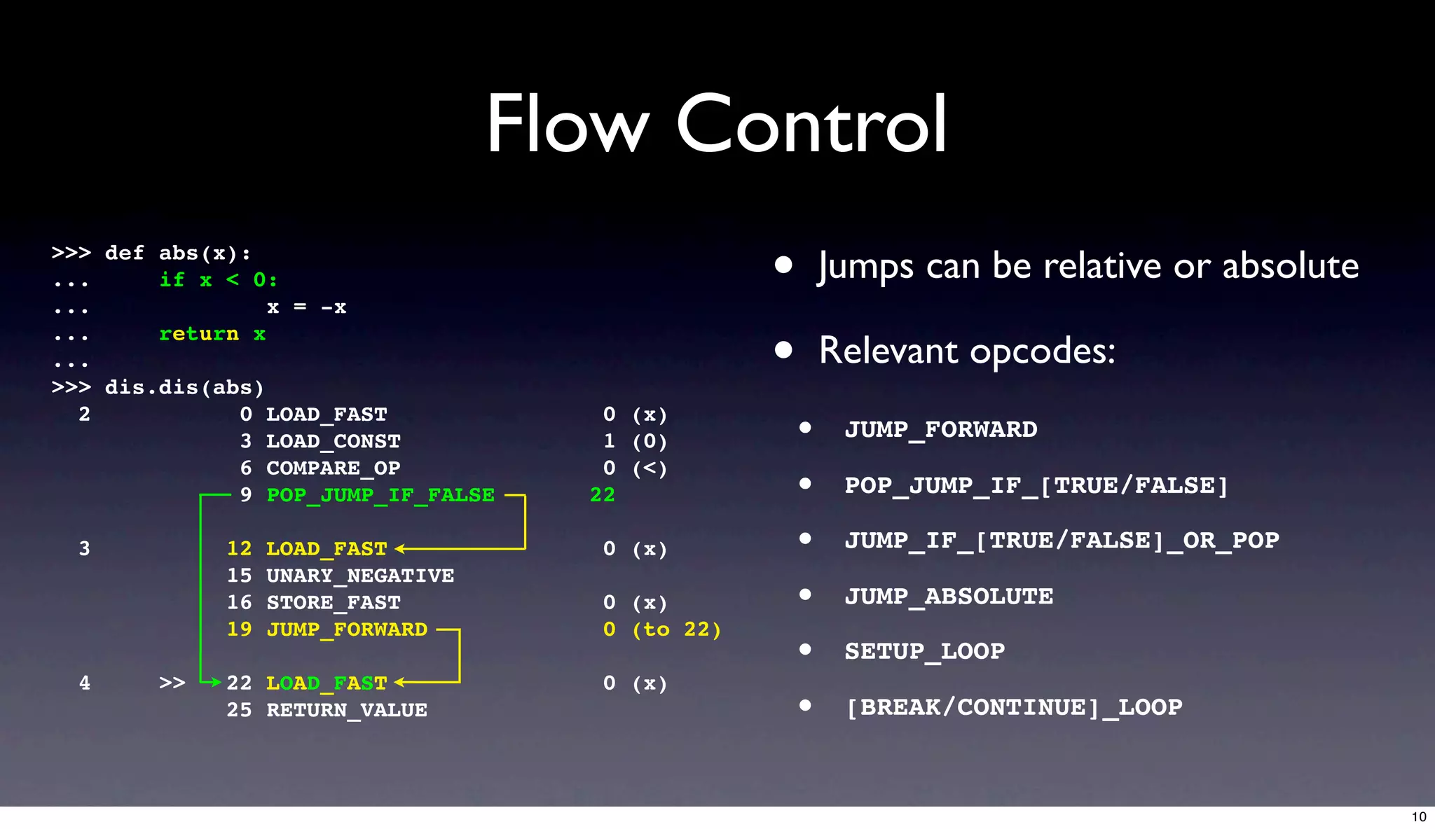 Flow Control
>>> def abs(x):
...
...
        if x < 0:
                 x = -x
                                                  •       Jumps can be relative or absolute
...
...
        return x

>>> dis.dis(abs)
                                                  •       Relevant opcodes:
  2           0 LOAD_FAST
              3 LOAD_CONST
                                      0 (x)
                                      1 (0)           •    JUMP_FORWARD

                                                      •
              6 COMPARE_OP            0 (<)
              9 POP_JUMP_IF_FALSE    22                    POP_JUMP_IF_[TRUE/FALSE]

  3          12   LOAD_FAST           0 (x)           •    JUMP_IF_[TRUE/FALSE]_OR_POP
             15   UNARY_NEGATIVE
             16   STORE_FAST          0 (x)           •    JUMP_ABSOLUTE
             19   JUMP_FORWARD        0 (to 22)
                                                      •    SETUP_LOOP
  4     >>   22 LOAD_FAST             0 (x)
             25 RETURN_VALUE                          •    [BREAK/CONTINUE]_LOOP


                                                                                              10
 