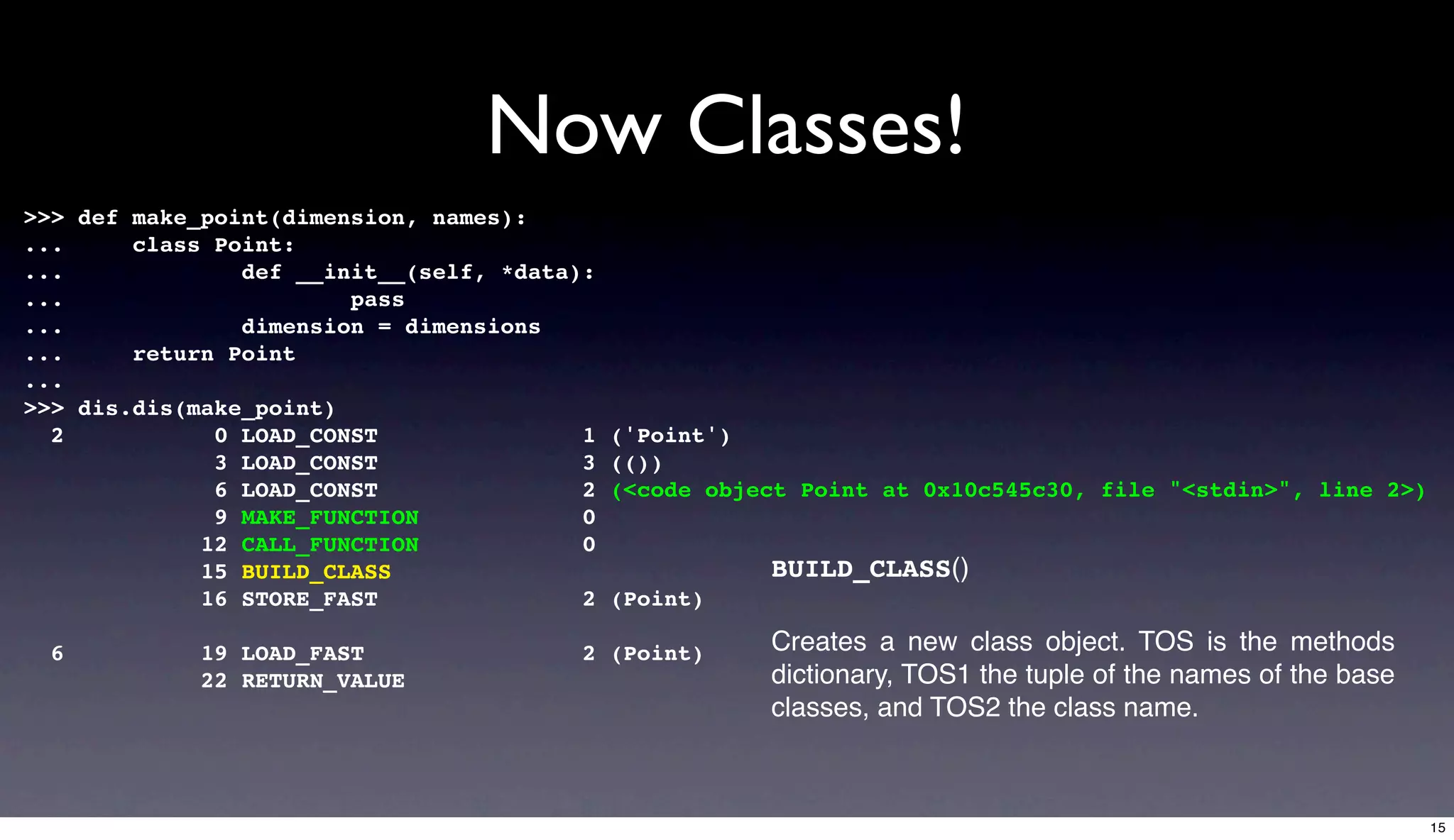 Now Classes!
>>> def make_point(dimension, names):
...     class Point:
...             def __init__(self, *data):
...                     pass
...             dimension = dimensions
...     return Point
...
>>> dis.dis(make_point)
  2           0 LOAD_CONST               1   ('Point')
              3 LOAD_CONST               3   (())
              6 LOAD_CONST               2   (<code object Point at 0x10c545c30, file "<stdin>", line 2>)
              9 MAKE_FUNCTION            0
             12 CALL_FUNCTION            0
             15 BUILD_CLASS                             BUILD_CLASS()
             16 STORE_FAST               2   (Point)

  6          19 LOAD_FAST                2 (Point)      Creates a new class object. TOS is the methods
             22 RETURN_VALUE                            dictionary, TOS1 the tuple of the names of the base
                                                        classes, and TOS2 the class name.



                                                                                                              15
 