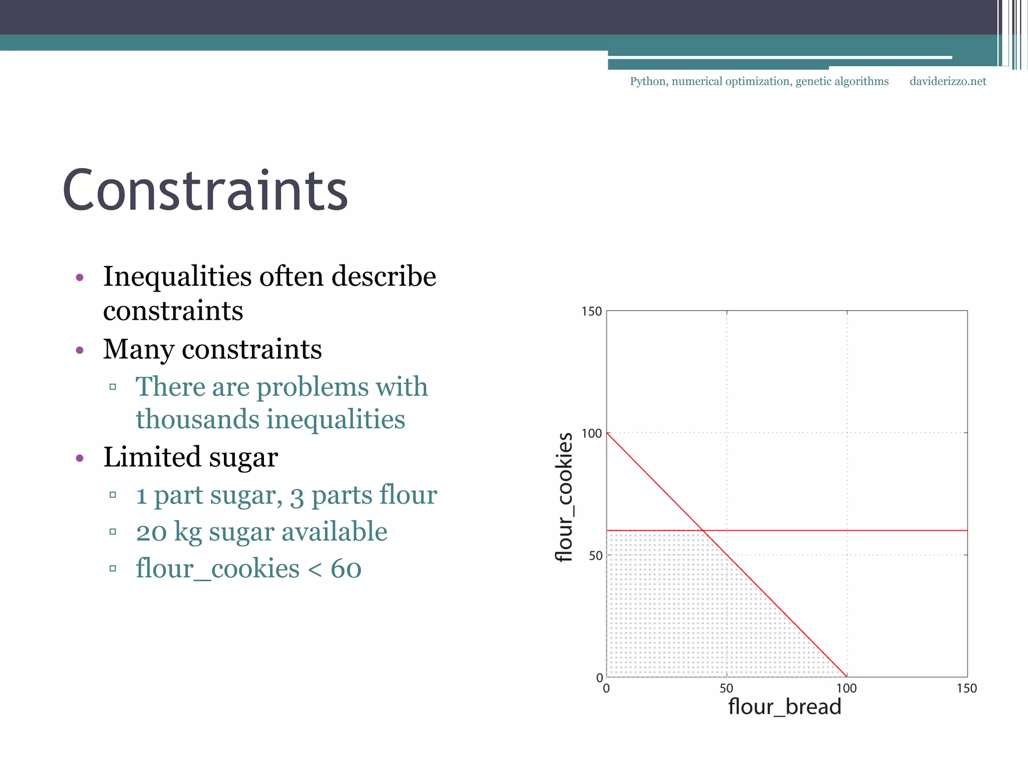 Python, numerical optimization, genetic algorithms   daviderizzo.net




Constraints
• Inequalities often describe
  constraints
• Many constraints
  ▫ There are problems with
    thousands inequalities
• Limited sugar
  ▫ 1 part sugar, 3 parts flour
  ▫ 20 kg sugar available
  ▫ flour_cookies < 60
 