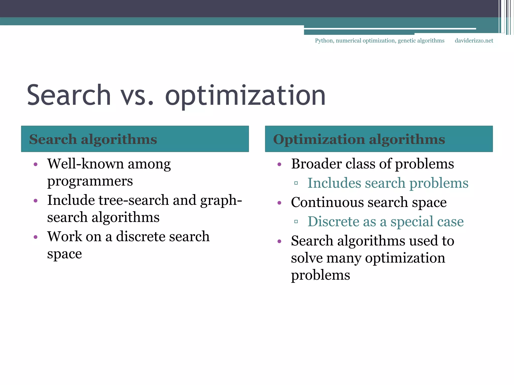 Python, numerical optimization, genetic algorithms   daviderizzo.net




Search vs. optimization
Search algorithms                  Optimization algorithms
• Well-known among                 • Broader class of problems
  programmers                        ▫ Includes search problems
• Include tree-search and graph-   • Continuous search space
  search algorithms                  ▫ Discrete as a special case
• Work on a discrete search        • Search algorithms used to
  space                              solve many optimization
                                     problems
 