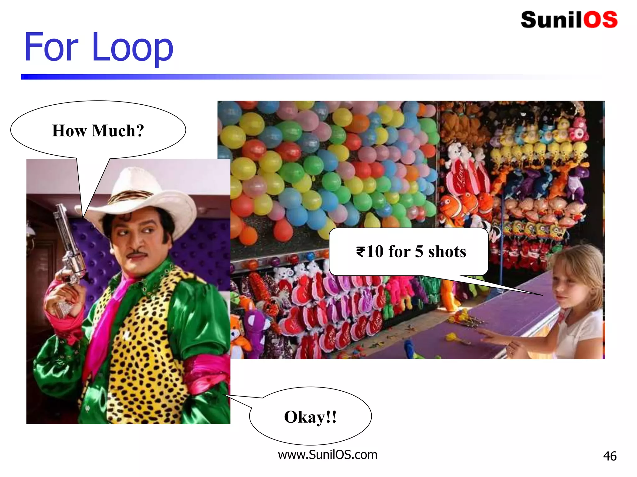 www.SunilOS.com
For Loop
₹10 for 5 shots
How Much?
Okay!!
46
 