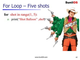 for shot in range(1, 5):
o print(“Shot Balloon” ,shot)
www.SunilOS.com
For Loop – Five shots
47
 