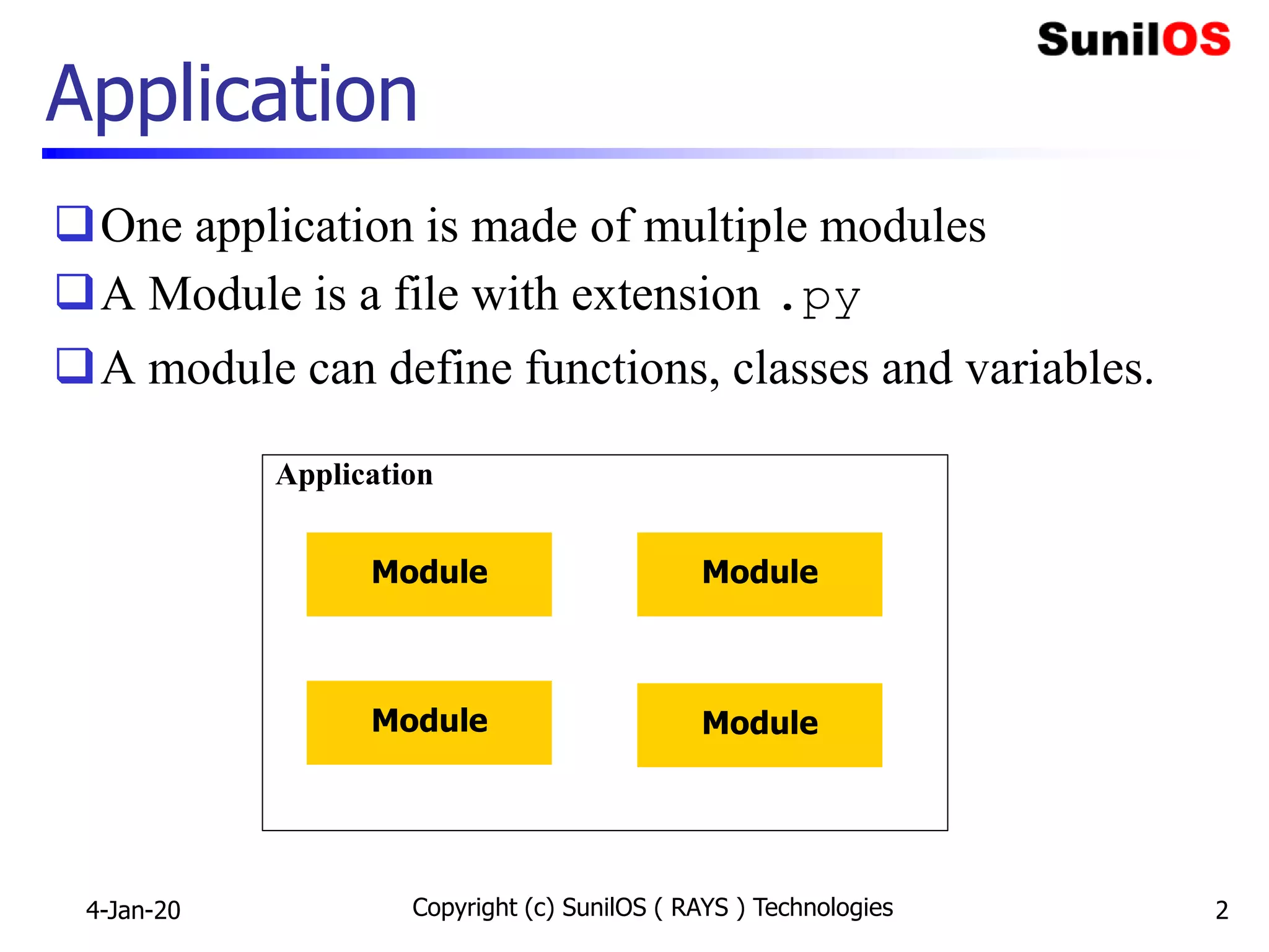 Application
One application is made of multiple modules
A Module is a file with extension .py
A module can define functions, classes and variables.
4-Jan-20 Copyright (c) SunilOS ( RAYS ) Technologies 2
Module Module
Module Module
Application
 