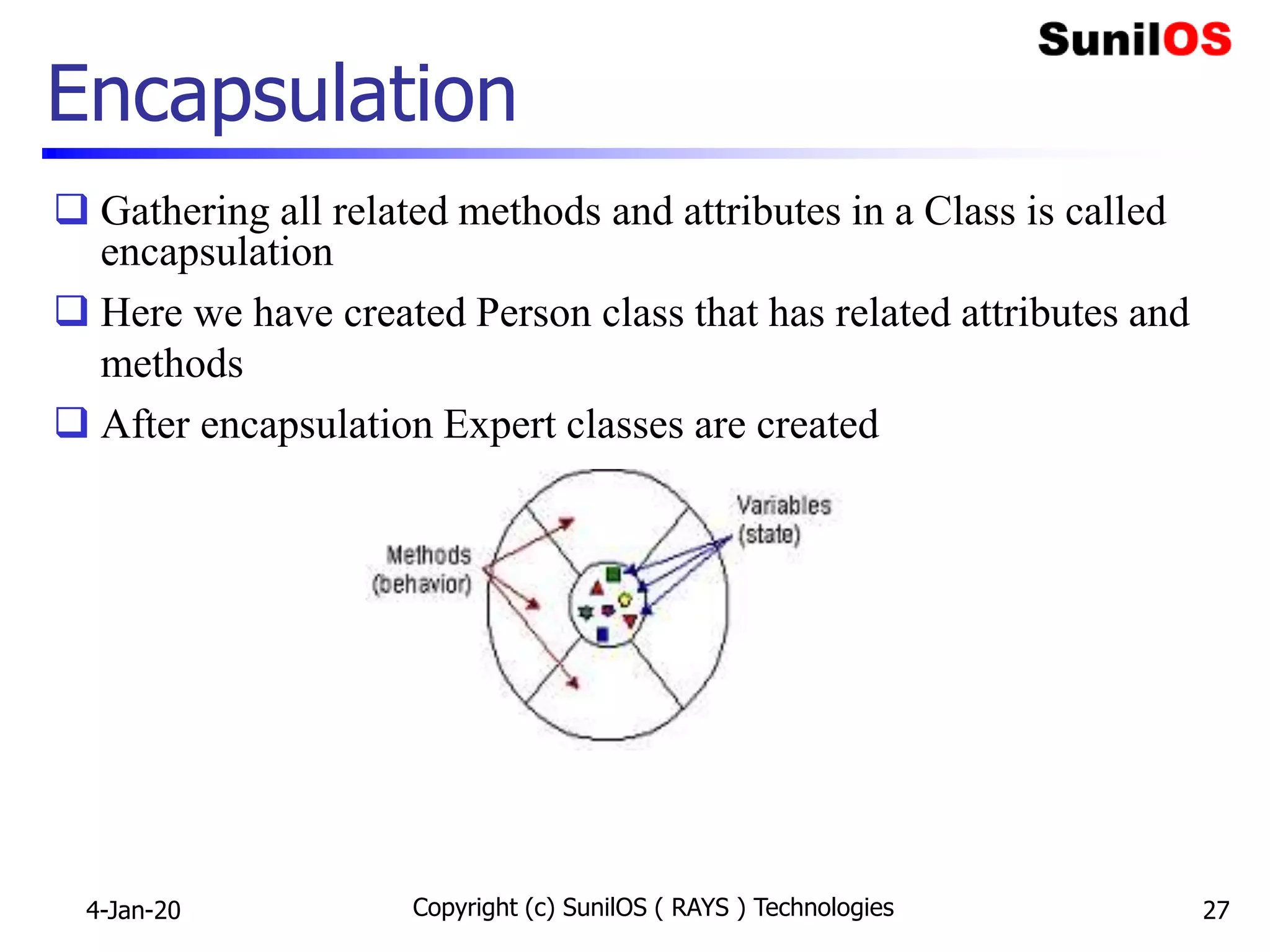 Encapsulation
 Gathering all related methods and attributes in a Class is called
encapsulation
 Here we have created Person class that has related attributes and
methods
 After encapsulation Expert classes are created
4-Jan-20 Copyright (c) SunilOS ( RAYS ) Technologies 27
 