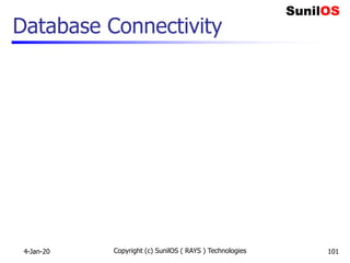 Database Connectivity
4-Jan-20 Copyright (c) SunilOS ( RAYS ) Technologies 101
 