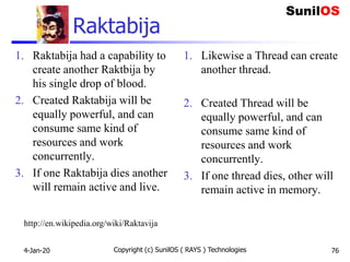 Raktabija
1. Raktabija had a capability to
create another Raktbija by
his single drop of blood.
2. Created Raktabija will be
equally powerful, and can
consume same kind of
resources and work
concurrently.
3. If one Raktabija dies another
will remain active and live.
1. Likewise a Thread can create
another thread.
2. Created Thread will be
equally powerful, and can
consume same kind of
resources and work
concurrently.
3. If one thread dies, other will
remain active in memory.
Copyright (c) SunilOS ( RAYS ) Technologies 76
http://en.wikipedia.org/wiki/Raktavija
4-Jan-20
 