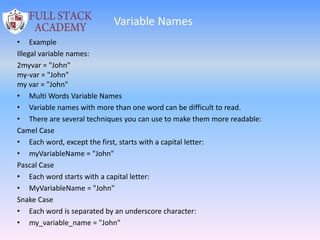 Variable Names
• Example
Illegal variable names:
2myvar = "John"
my-var = "John"
my var = "John"
• Multi Words Variable Names
• Variable names with more than one word can be difficult to read.
• There are several techniques you can use to make them more readable:
Camel Case
• Each word, except the first, starts with a capital letter:
• myVariableName = "John"
Pascal Case
• Each word starts with a capital letter:
• MyVariableName = "John"
Snake Case
• Each word is separated by an underscore character:
• my_variable_name = "John"
 