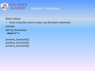Python - Functions
Return Values
• To let a function return a value, use the return statement:
Example
def my_function(x):
return 5 * x
print(my_function(3))
print(my_function(5))
print(my_function(9))
 