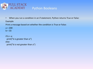Python Booleans
• When you run a condition in an if statement, Python returns True or False:
Example
Print a message based on whether the condition is True or False:
a = 200
b = 33
if b > a:
print("b is greater than a")
else:
print("b is not greater than a")
 