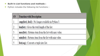  Built-in List functions and methods :
 Python includes the following list functions :
 