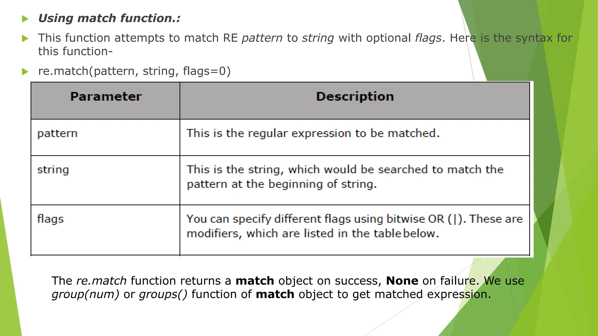  Using match function.:
 This function attempts to match RE pattern to string with optional flags. Here is the syntax for
this function-
 re.match(pattern, string, flags=0)
The re.match function returns a match object on success, None on failure. We use
group(num) or groups() function of match object to get matched expression.
 