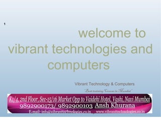 welcome to
vibrant technologies and
computers
Vibrant Technology & Computers
“Best training Course in Mumbai”
www.vibranttechnologies.co.in
1
 