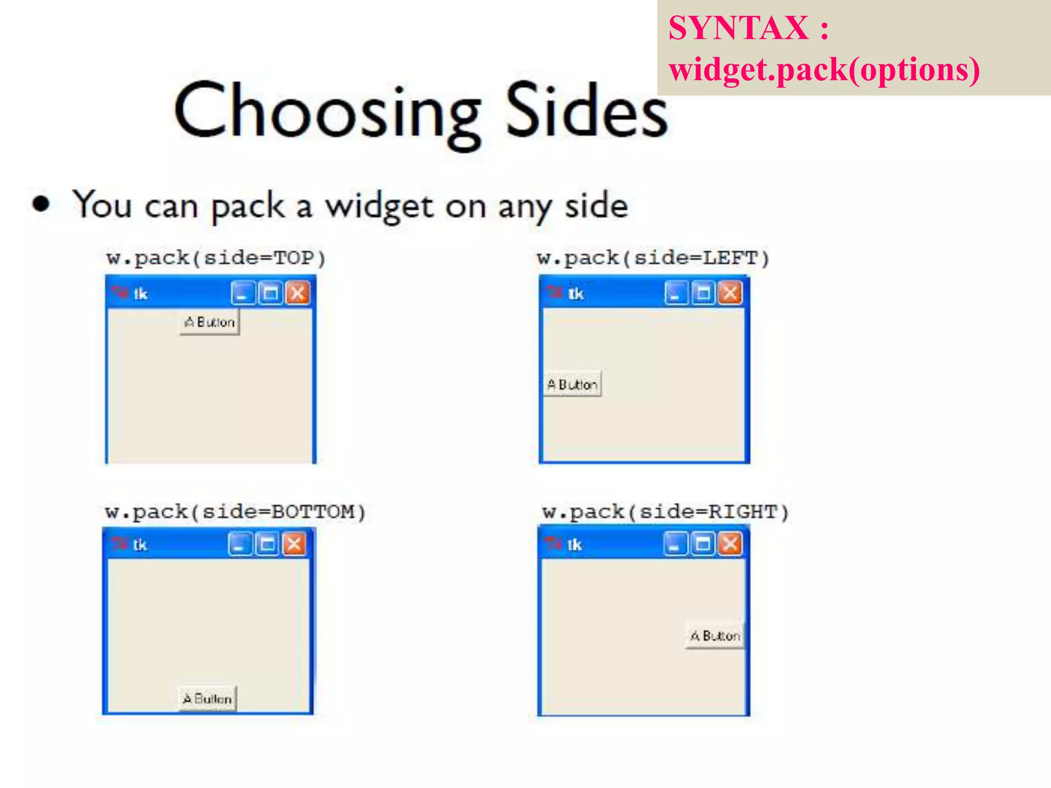 SYNTAX :
widget.pack(options)
 