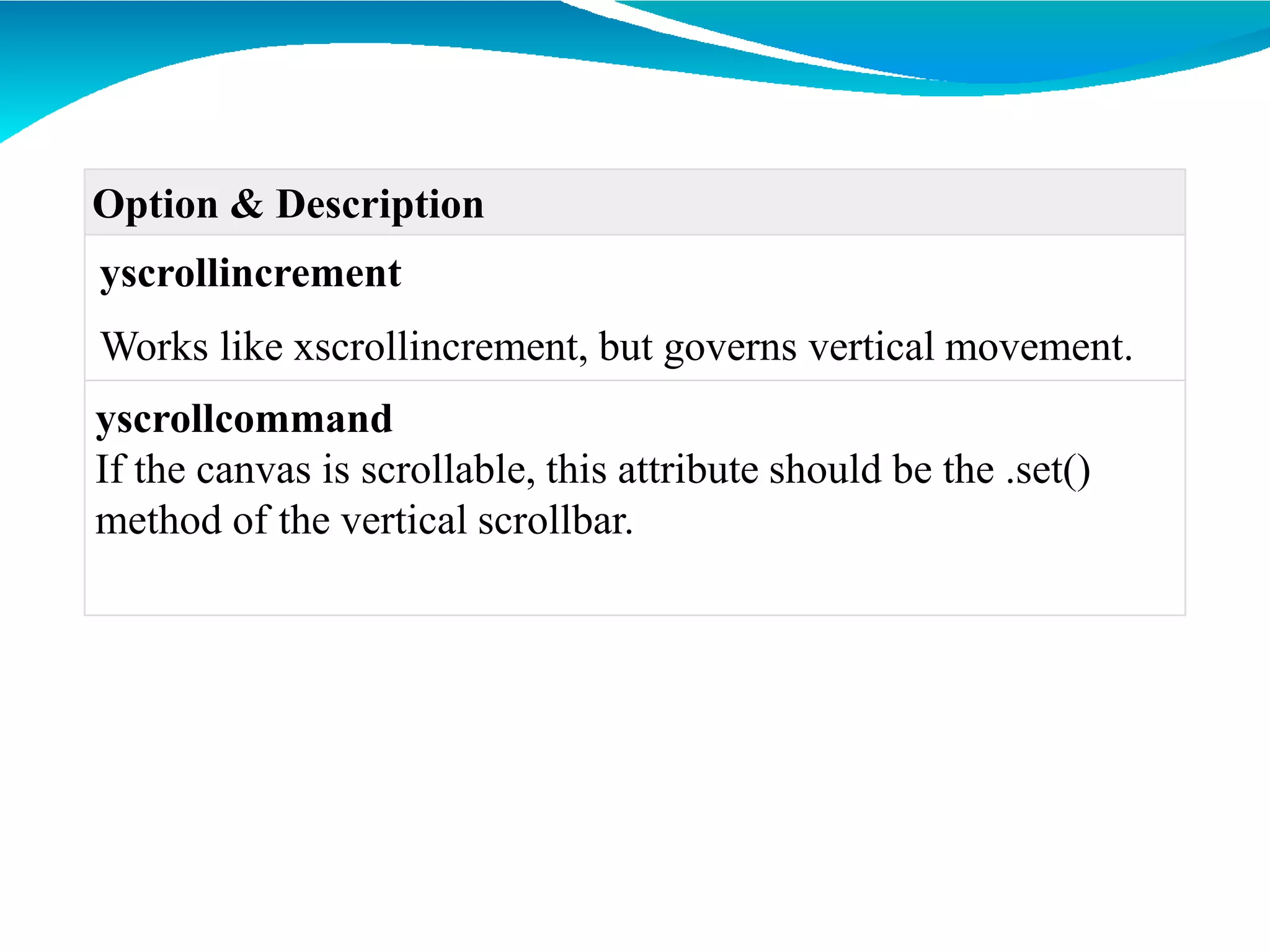 Option & Description
yscrollincrement
Works like xscrollincrement, but governs vertical movement.
yscrollcommand
If the canvas is scrollable, this attribute should be the .set()
method of the vertical scrollbar.
 